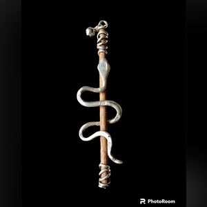Handcrafted snake on a wooden stick pendant handmade Italy sterling OOAK